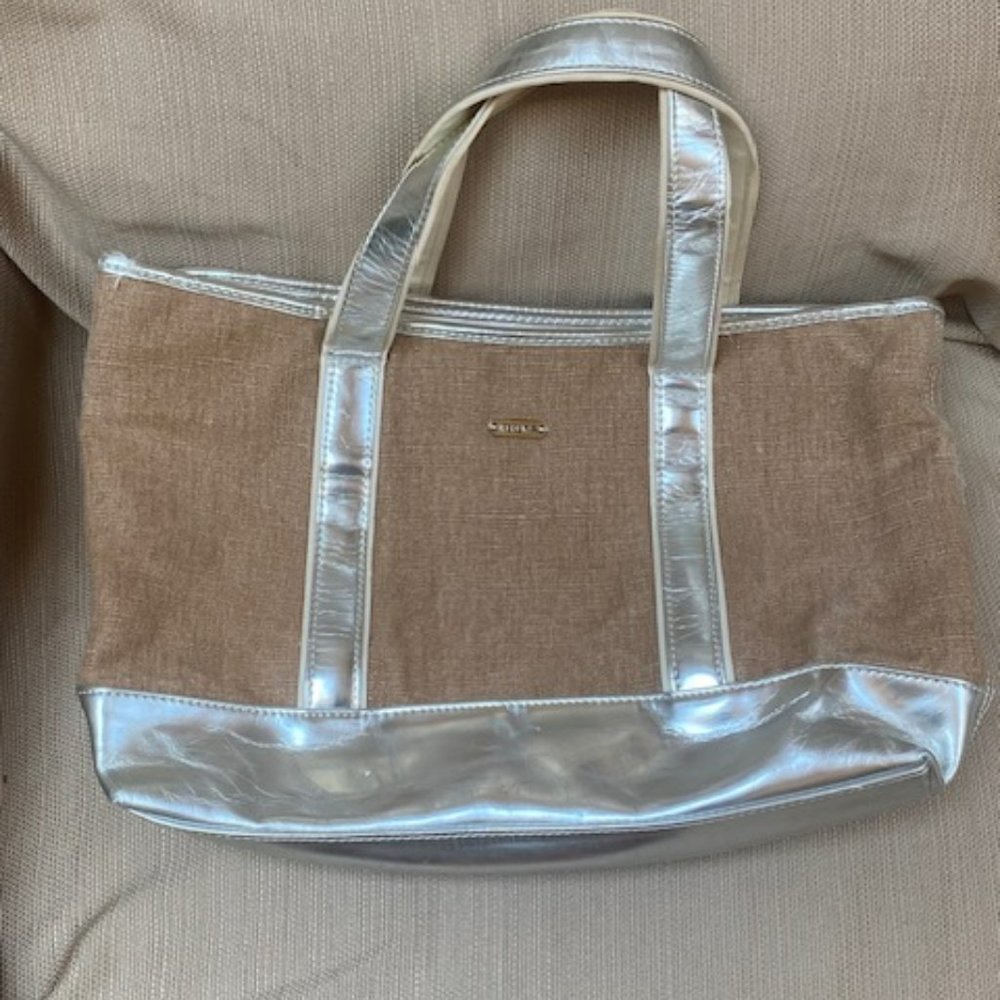 Perlina Tan Weave and Silver Tote